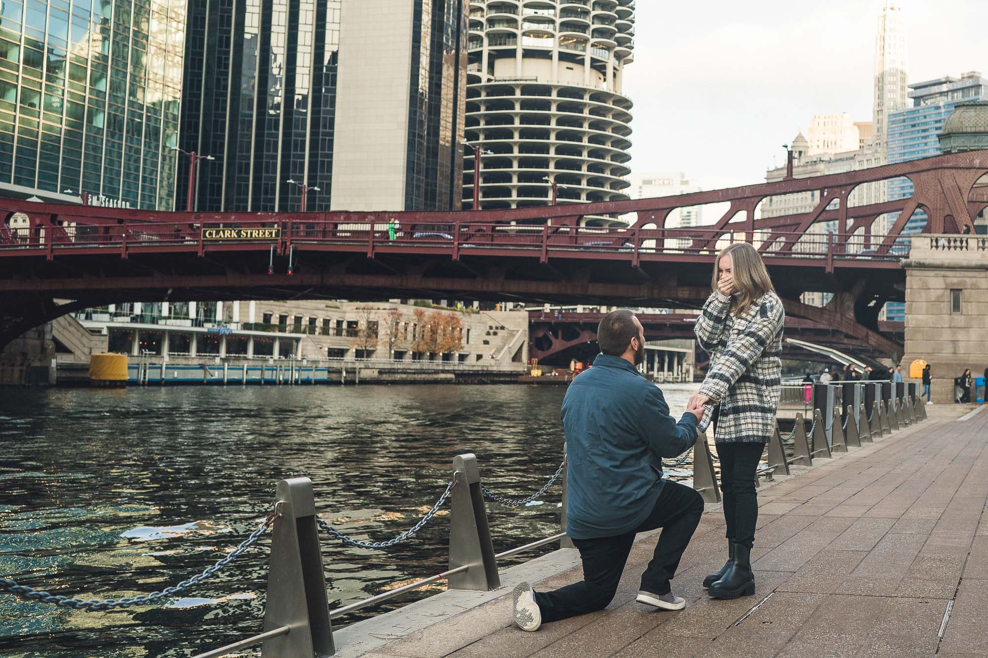 Chicago engagement proposal on the riverwalk